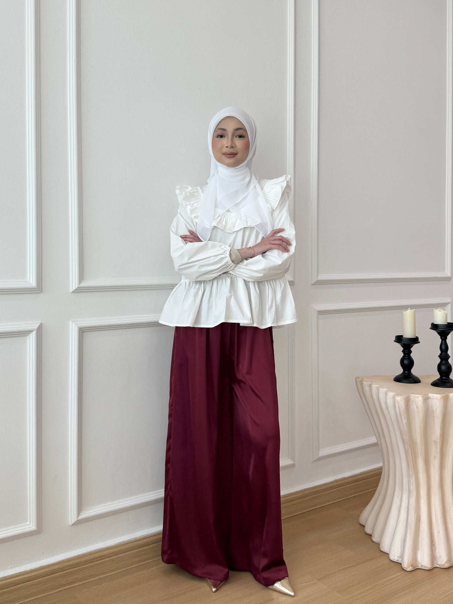 SERENE SATIN PANTS IN MISTY RED