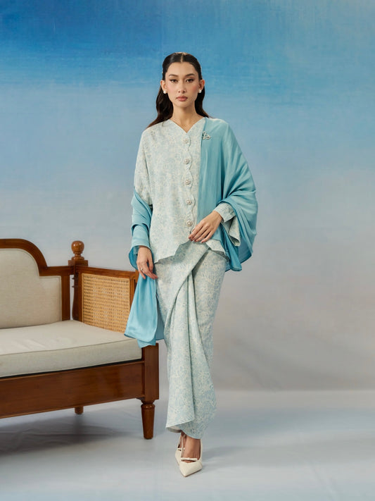 DAHLIA LINEN PRINTED IN OCEAN MIST